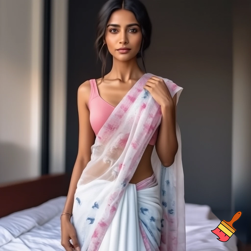 "Photorealistic full-body portrait of a beautiful young Indian woman with fair glowing skin, sharp jawline, big expressive hazel-green eyes, thick dark eyebrows, natural pores and subtle blush on cheeks, long straight black hair loosely tied with strands falling on face, slight natural smile, wearing light pink sleeveless cotton blouse and white sheer saree with subtle blue fish-scale patterns and pink floral embroidery draped elegantly from waist down covering below waist fully, pleats neatly in front, pallu draped over left shoulder, standing naturally in modern bedroom with white bed sheet background, natural soft daylight from window, eye-level camera angle, full body visible from head to ankles showing complete saree drape and midriff slightly exposed, high detail realistic skin texture, pores, fabric details on saree and blouse, 8k ultra HD, sharp focus, candid natural look, exact face, hair, expression, and skin details as reference image"
