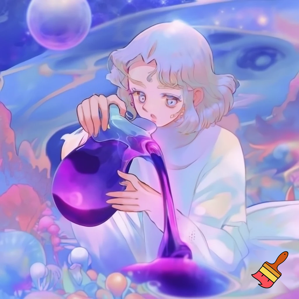 Anime girl pouring lean  out of codiene bottle in ethereal setting in 90s anime art style 