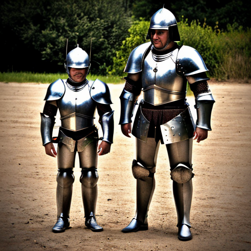 Small man in armor with smaller man in armor
