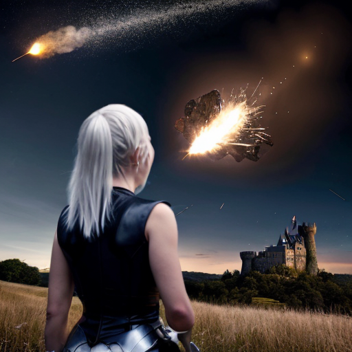 young white-haired woman in armor watches as meteorites fall on her castle