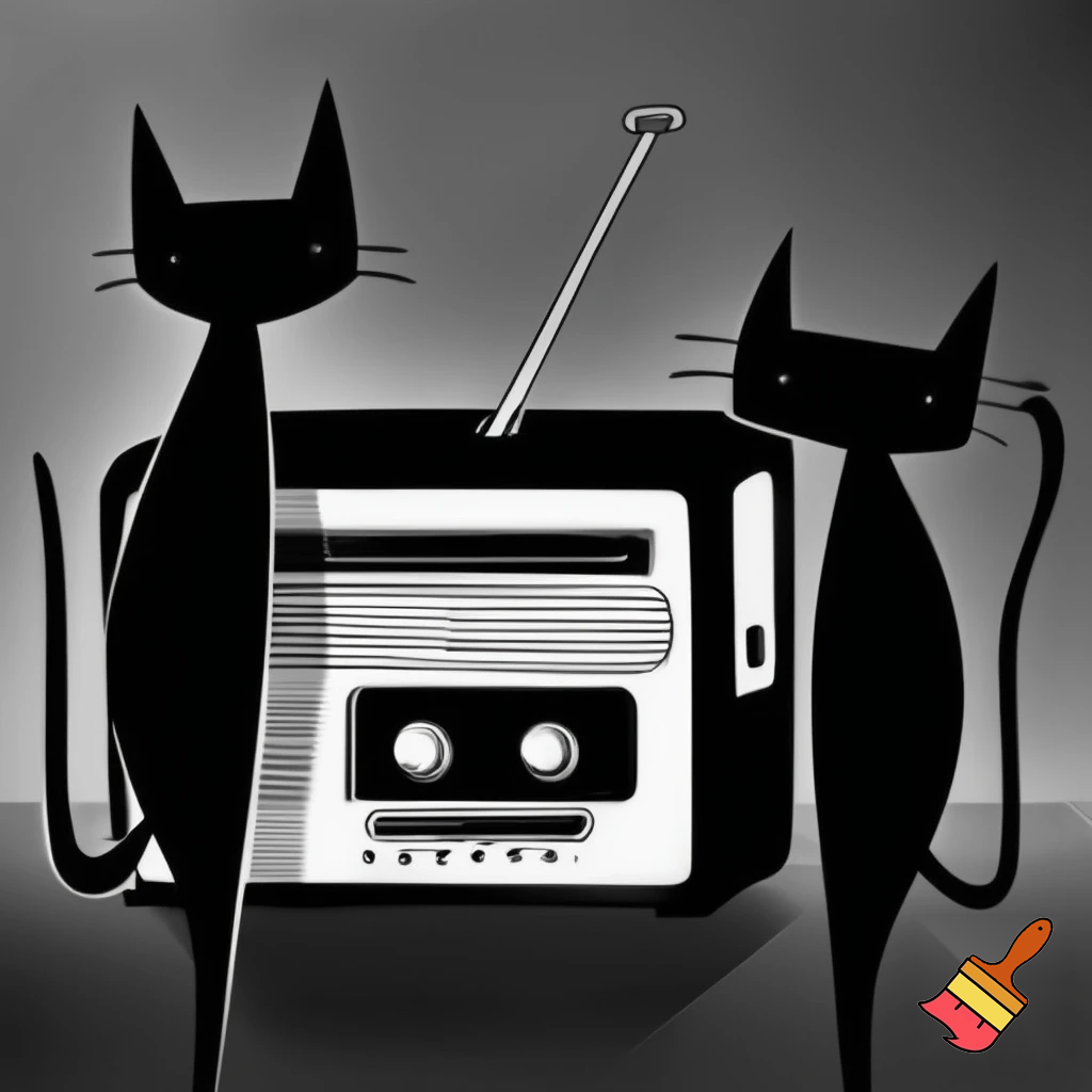 Draw a black and white old time radio using the traditional model with 2 realistic, slim cats in silhouette form. Make the drawing more like a cartoon.