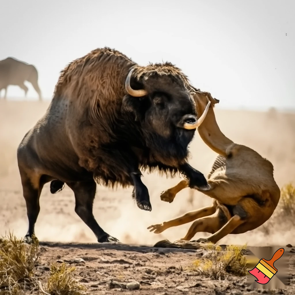 A prehistoric Sabretooth mega bison killing a camel