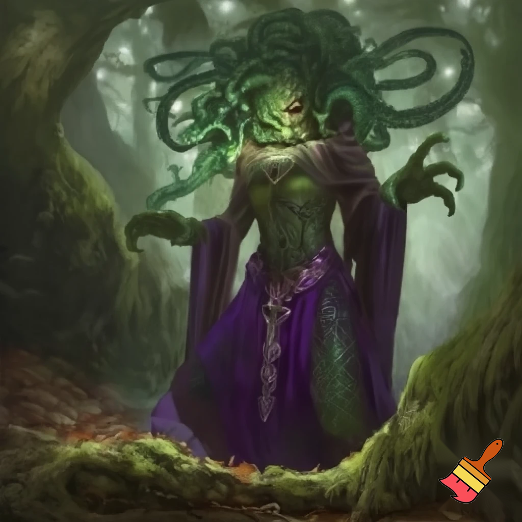 Gorgon shamaness with covered face. Purple clothing. Snake hair. Green skin and scales. In forest. High quality. In the style of dungeons and dragons.
