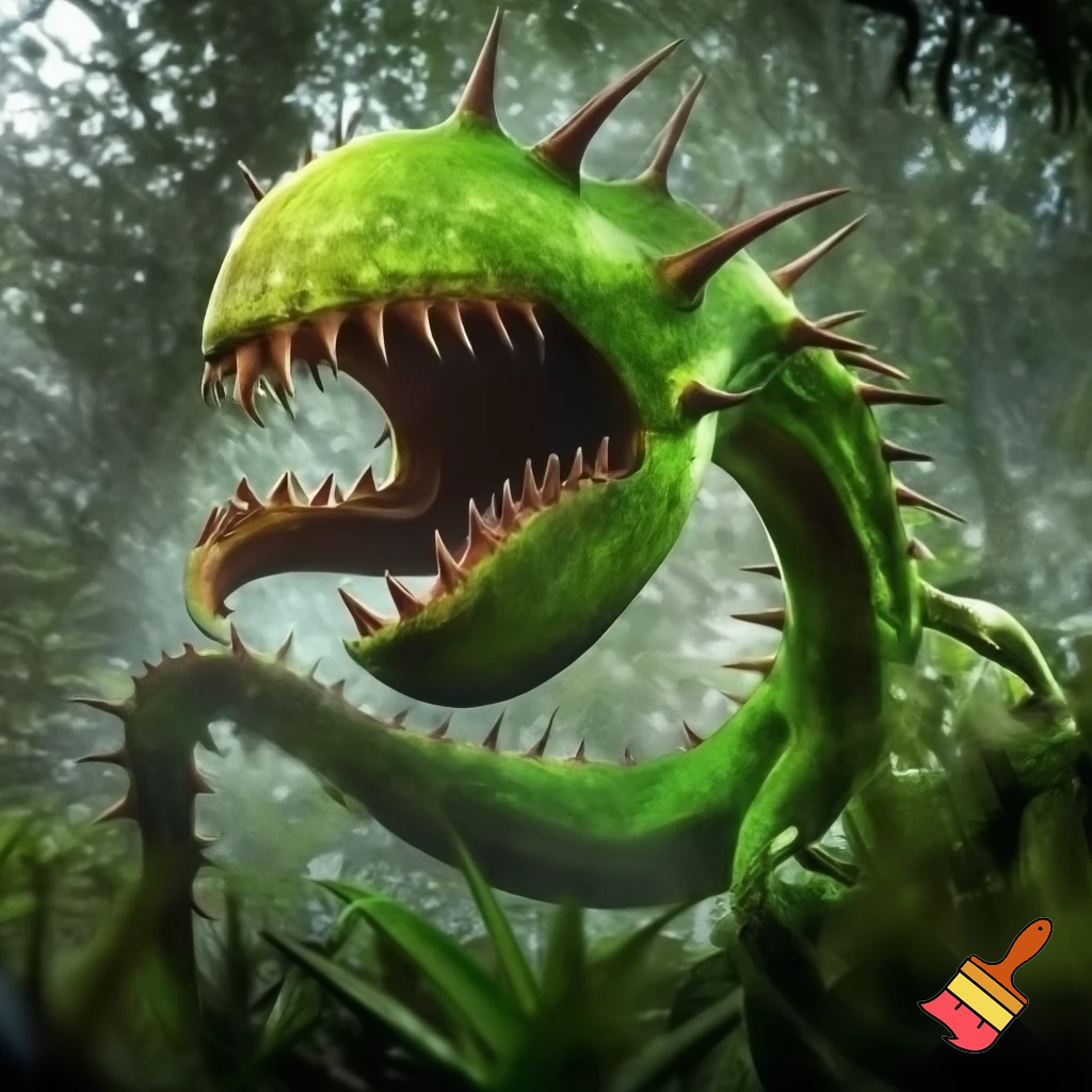 a animal that has green skin and has no eyes
and has a tail with spike on the tail and body and looks like a fly trap and lives in the rainforest has a big mouth 
 
