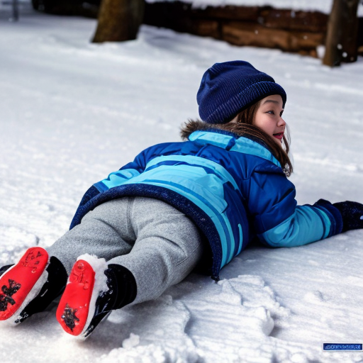 Create a pinkie pie equestria girls wearing light blue knit hats, light blue winter jacket, light blue mittens, purple pants and light blue boots in on back - lying down snow and making a snow angel in eyes closed and tooths grinw