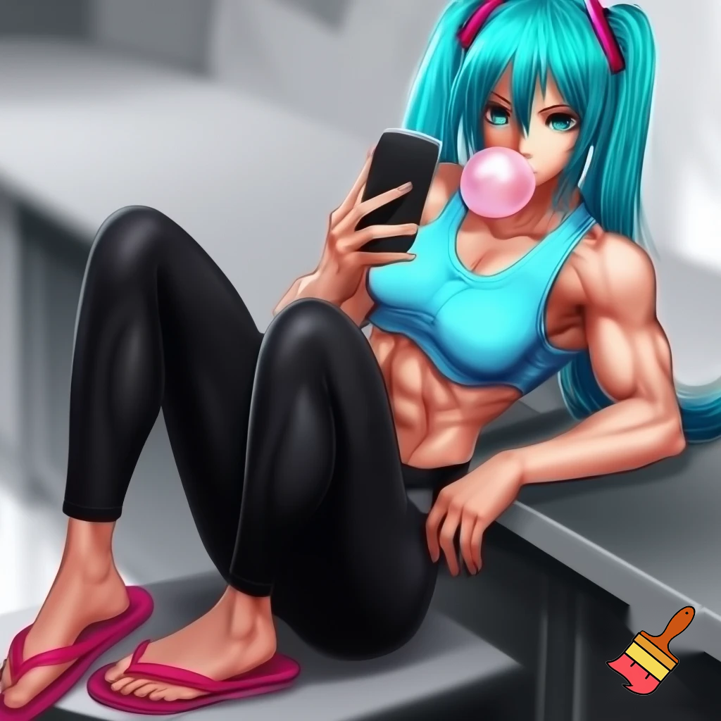 Hatsune miku with a six pack and muscular Wearing a light blue tank top, black cropped leggings, and pink havaianas flip flops leaning on counter while looking at her phone and blowing a piece of bubble gum