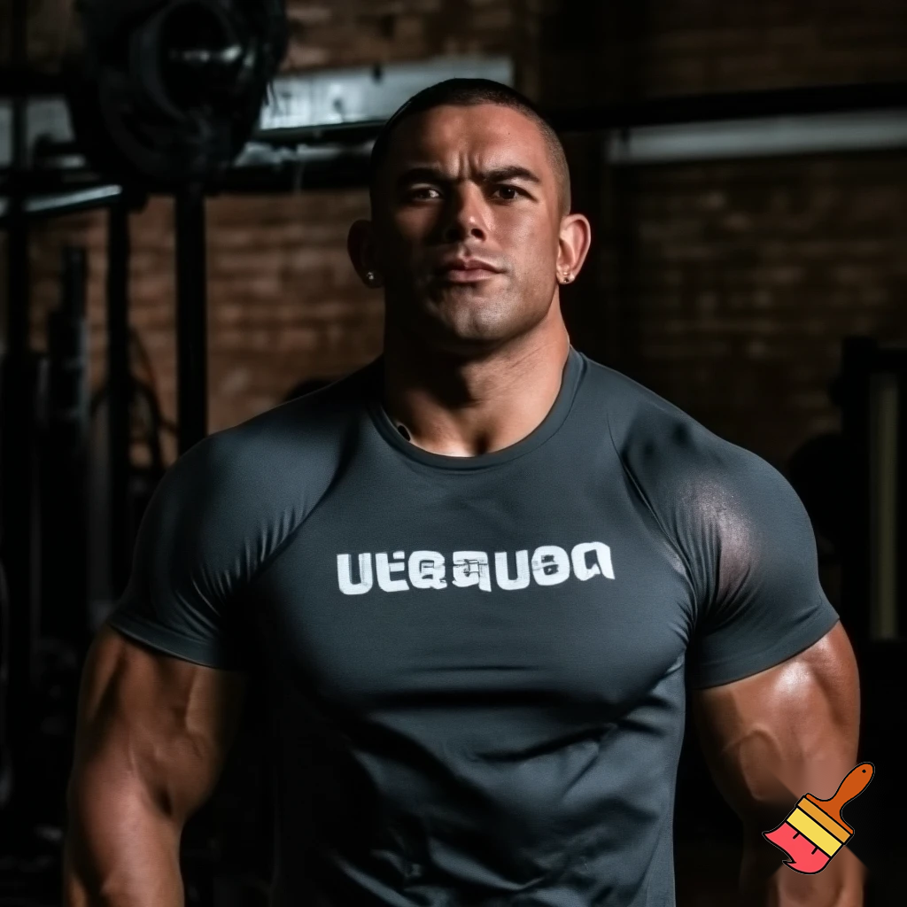 Make   A photo of a guy named Emil who is a gigachat and super strong his name shall be on his shirt and it’s Emil