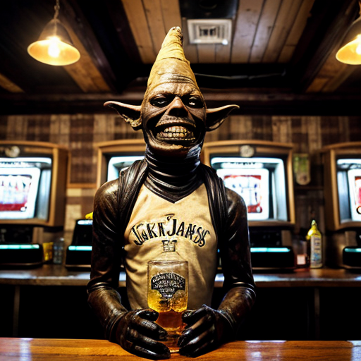 a grotesque, photorealistic dive bar frozen in time—peeling wallpaper stained with decades of smoke and spilled liquor, broken furniture piled like carcasses in the corners, a single flickering bulb casting jaundiced light. Front and center, a nightmare scarecrow slouches on a stool, its burlap face split by a stitched grin, cornstalk fingers wrapped around a bottle of Jack Daniels, tendrils of hay spilling from its rotting chest cavity where whiskey drips into exposed ribs. Beside it, three 1950s-era hazmat suits—faded yellow rubber, cracked visors fogged with condensation—lean drunkenly against the bar, gloved hands clutching martini glasses filled with neon-green sludge. A hunchbacked goblin with pustular skin and jagged teeth perches on a keg, chugging a foaming beer that spills down its chin onto a taxidermied rat hanging from its necklace. Towering over them all, a corroded bronze statue of Satan rises from the debris, one hoof resting on a toppled jukebox, its leering face tilted as if amused by the decay. The air is thick with the ghosts of a thousand bad decisions