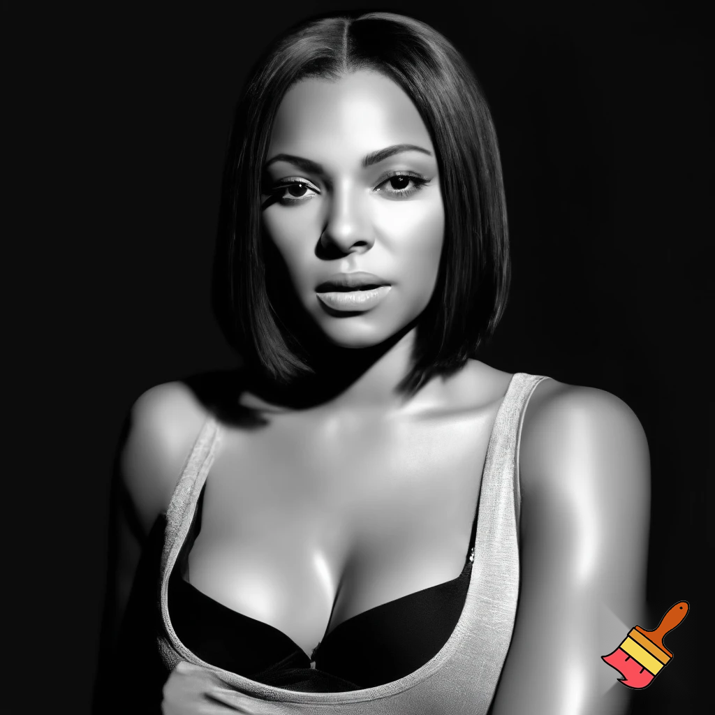 Black and white image of Ashanti Wearing a grey tank top and black bra and has a sleek middle part bob hair