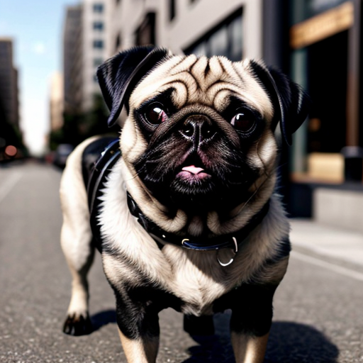 Make a picture with a black and white pug with one eye with a cowboy hat, standing up in the city with a cowboy hat