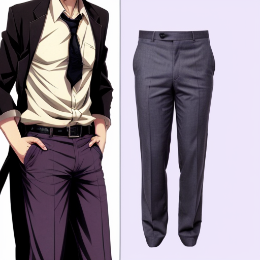 a anime tall guy with black hair purple eyes business pants
 