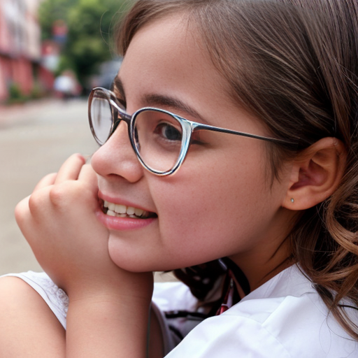 Cute adorable niña Chilindrina y con enfermera glasses con hair lazo curly con verano casual formal elegante sensual sexy con close up whispering touching ear each other secrets con paséo con ciudad 7