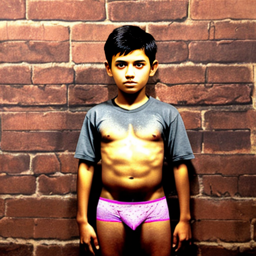 A visibly embarrassed ten year old boy stands outdoors in front of a brick wall in his pink briefs underwear. He is black. 