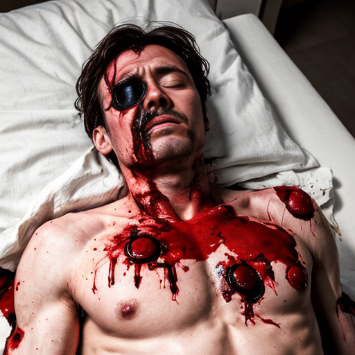 A corpse shirtless man, died, face are hiding by shirt, eye closed, chest fully opened wounded, blood everywhere.