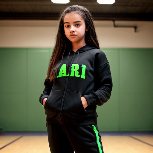 jeune fille de 15 ans métisse qui porte un jogging noir et un sweat shirt noir. se yeux sont verts. et elle peut lancer des rayons verts avec ses mains