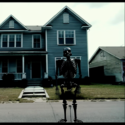 black skeleton standing outside an abandonded house, found footage quality, at midnight