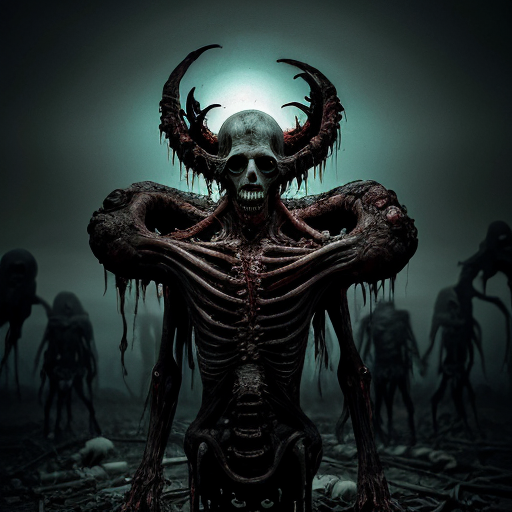 A highly detailed, dark surreal scene featuring a menacing demon amidst a gruesome landscape of decaying corpses, with visceral body horror elements, twisted organic forms, and a haunting, ominous atmosphere, illuminated by eerie, unnatural lighting.