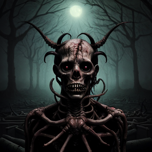 A highly detailed, dark surreal scene featuring a menacing demon amidst a gruesome landscape of decaying corpses, with visceral body horror elements, twisted organic forms, and a haunting, ominous atmosphere, illuminated by eerie, unnatural lighting.