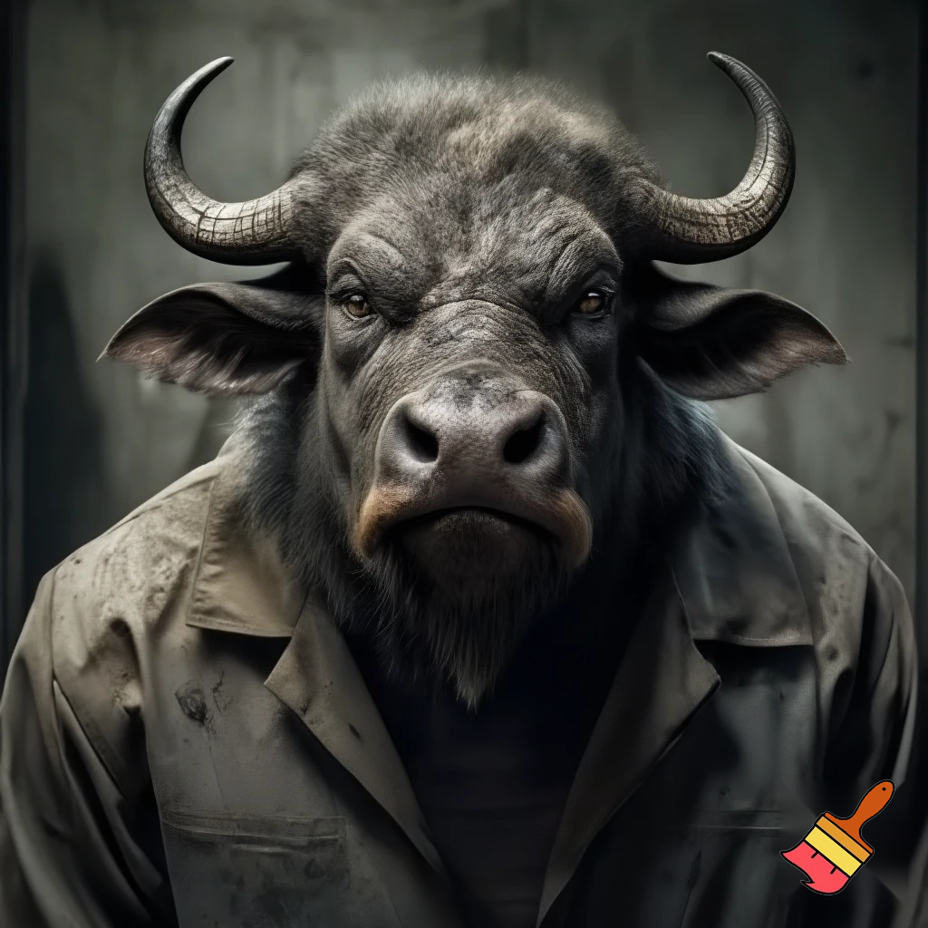 water buffalo:
mug shot standing
evil 
sinister
prison outfit
