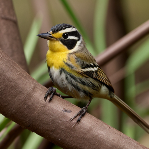 A small warbler-like songbird with a rounded body, olive-brown upperparts, plain wings, a bright yellow throat and upper chest, pale whitish belly, and a medium-length slightly rounded tail. The adult male has a distinctive black facial mask across the eyes and forehead, bordered above by a thin pale whitish or grayish line, creating a bandit-mask appearance. The bird often appears in dense low vegetation, reeds, shrubs, marsh edges, or tangled grasses.