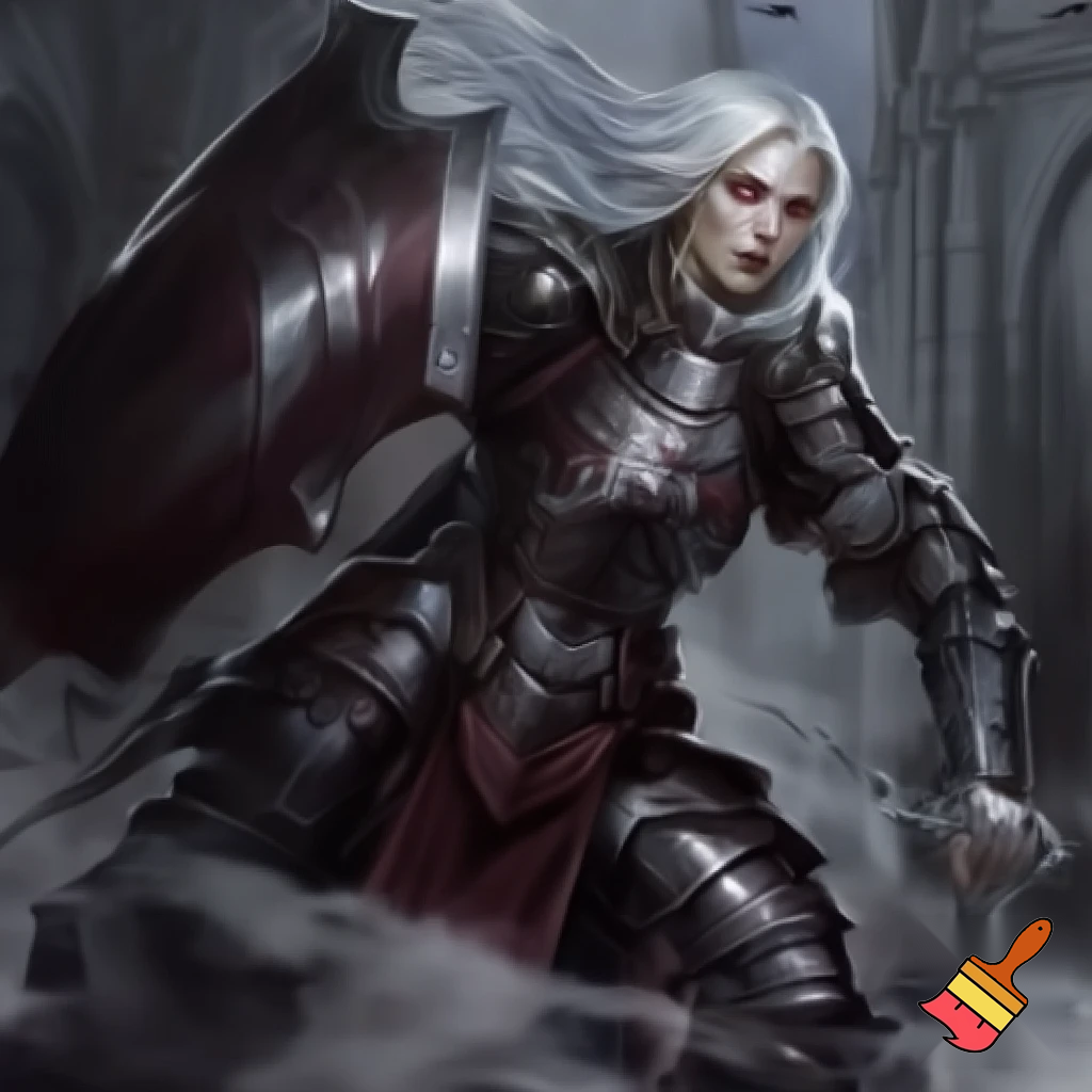 Pathfinder. dhampir female. heavy armor. Sword and shield. Gothic. High quality. Dynamic pose. White hair red eyes.