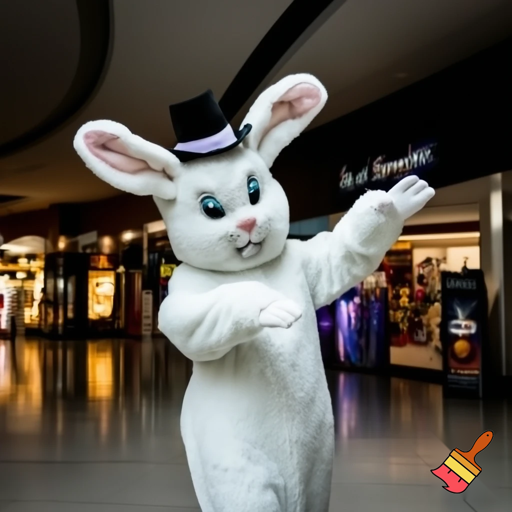 Easter bunny mascot top hat at the shopping centre mascot costume Darrell Lea magic room Australia dancing