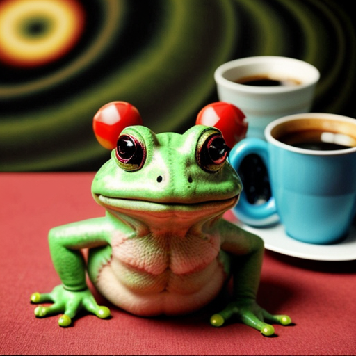 A hillarious, funny boho toad with some hippie colored coffee cups. Psychedelic decorated background.