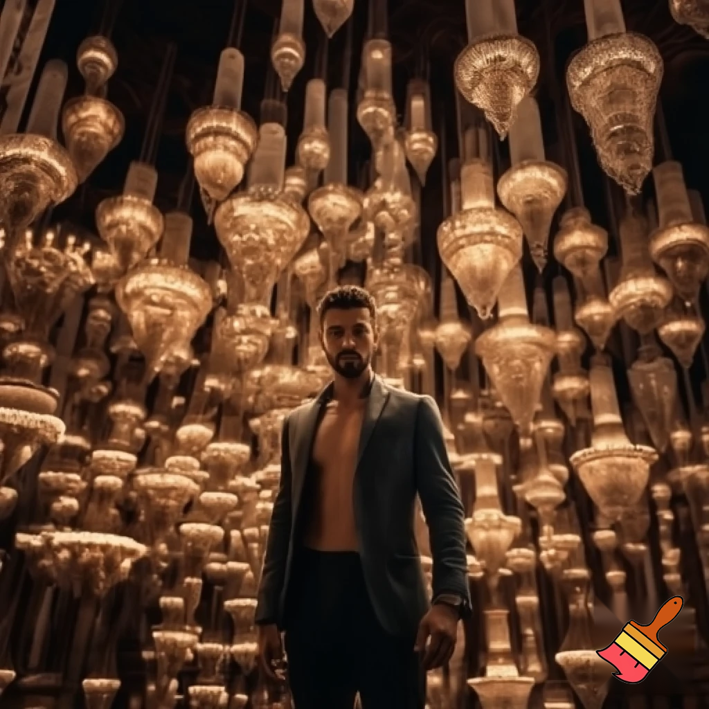 "An image of a handsome, stylish man without a tie, standing in the middle of a large room. Surrounding him are numerous bronze and crystal chandeliers, each shining softly with a warm glow. The chandeliers come in various shapes and sizes, filling the space with an elegant, luxurious atmosphere. The man stands calmly and confidently, looking both modern and sophisticated, amidst the shimmering lights."