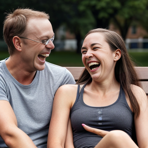 two people sitting on a bench laughing hysterically