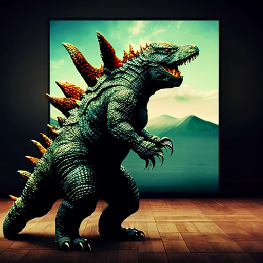 godzilla with a 2 legs an floor + big an tailed from a kaiju in realistic photography the a physics an video a style and white a color an screenshot to a background a style
