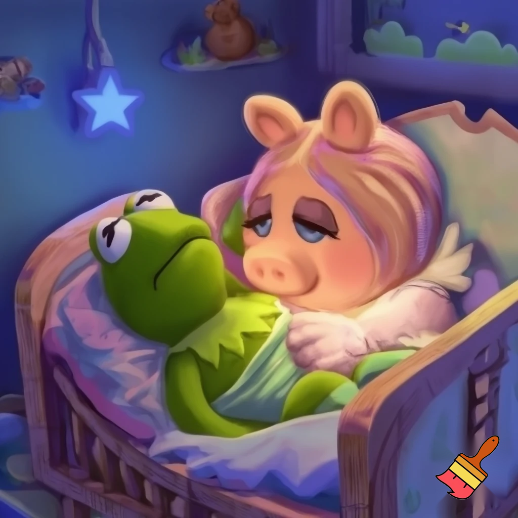 Miss piggy coming into her little baby frog Kermit’s bedroom and nursery and finding him fast asleep in his beautiful cot