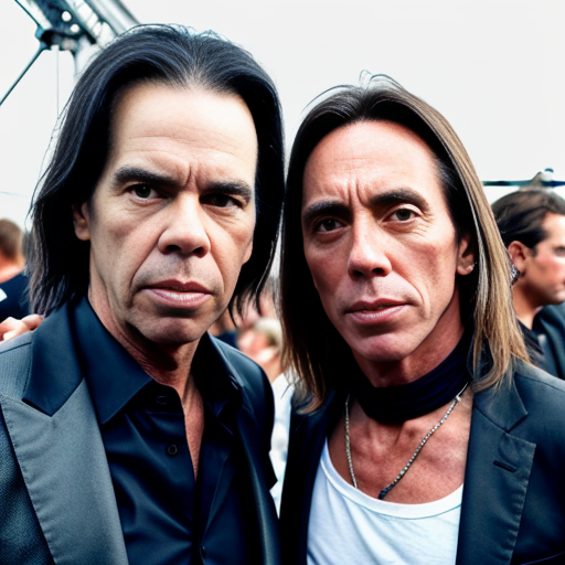 nick cave with iggy pop after gig, backstage festival outdoor