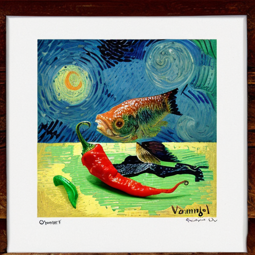generate an image a fish eating a pepper, van gogh style