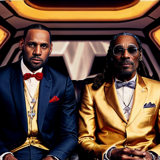  Hyper Realistic picture of lebron james smoking weed with snoop dogg and a 250 years old wizard in a spaceship made of gold and silver on mars, all of them in wedding suits