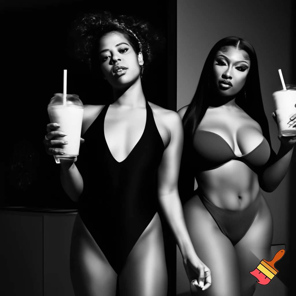 Black and white sports illustrated magazine cover of Kelis and Megan Thee Stallion Kelis wearing a black bathing suit and Megan Thee Stallion wearing a brown bikini both holding milkshakes