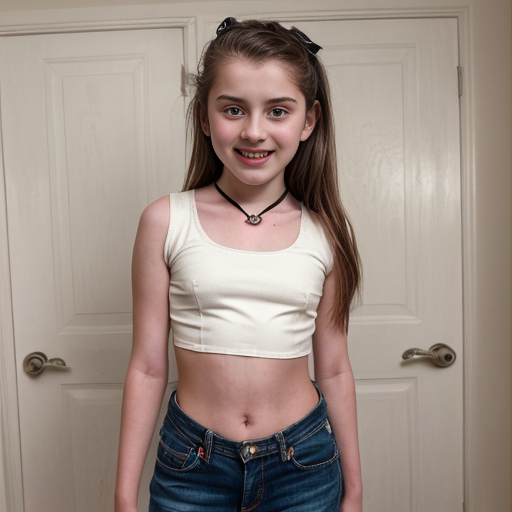 A 13 year old girl that has a crop top braces and is barefoot