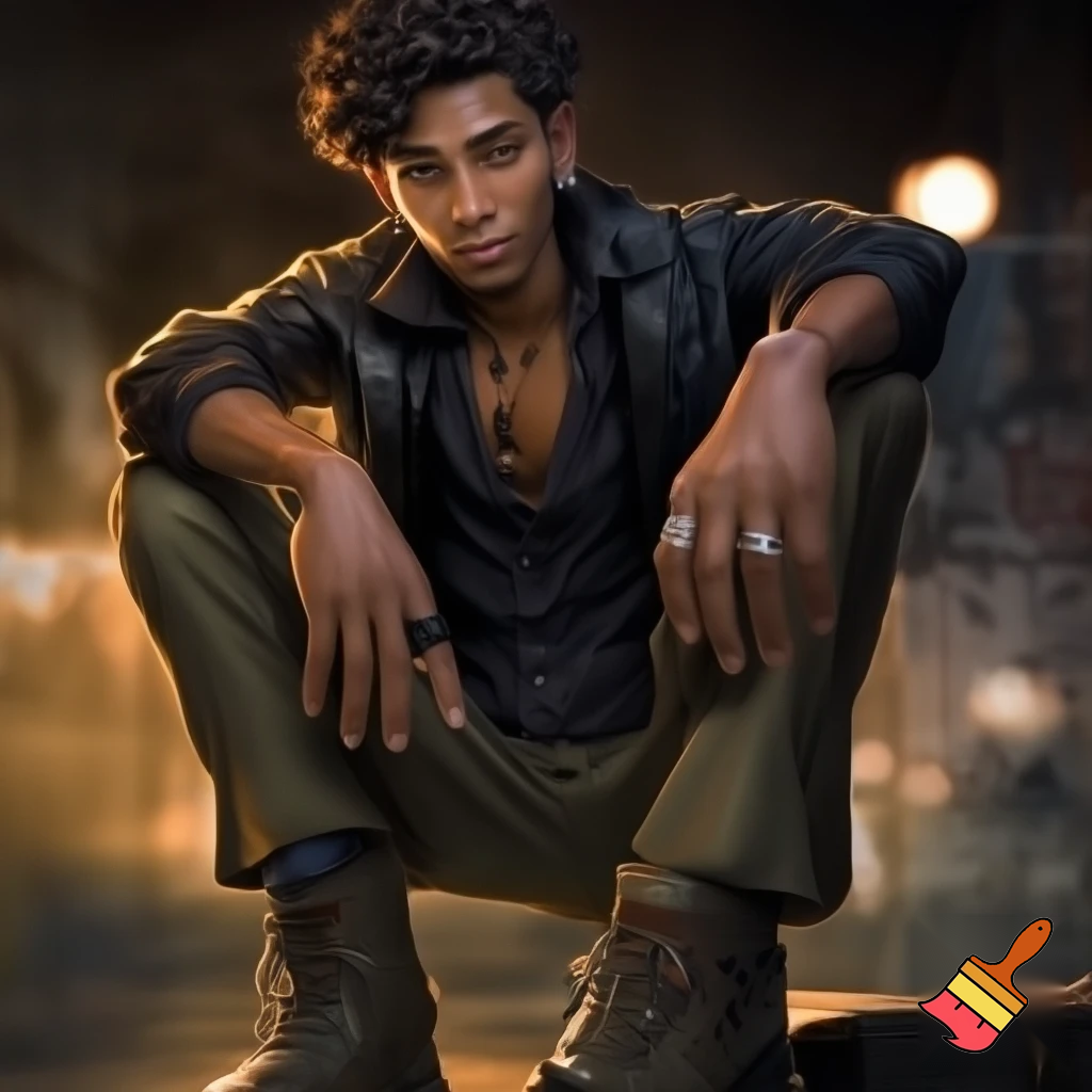 Generate an image of a tall, scrawny man with radiant, polished wood-toned skin. He has curly black coffee hair, styled slightly messy, and sharp, masculine features. His expression is gentle and thoughtful, hinting at inner turmoil.

He wears a black leather windbreaker over a slightly unbuttoned black cotton dress shirt, tailored pleated chinos, and lace-up combat boots. Accessories include silver stud earrings, a silver ring with a red dragon's eye, a black ring with rose gold star shapes, an onyx and lava rock necklace, and a studded bracelet. His shirt sleeves are rolled up, displaying vascular forearms. Set him against an urban backdrop.