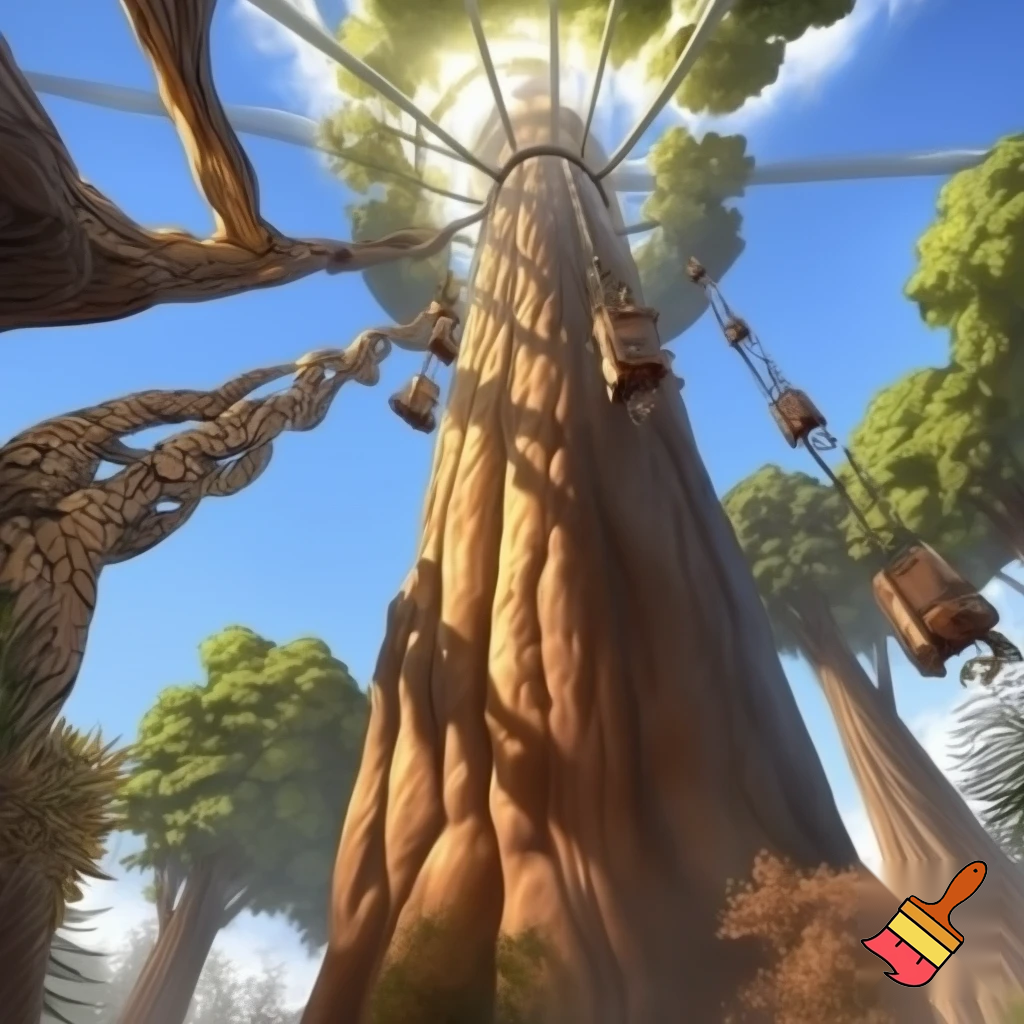 Make a drop tower theme park ride inspired by the California redwood trees. With a restraint and goes up and down