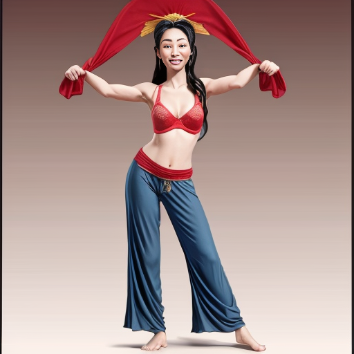 90's disney's 2d aladdin style comic dark blue background and panels of panel 1 Pocahontas barefoot with brown harem pants and bra with both hand palms place together and hiding the bottom of her mouth with a brown veil wrapped around her arms and attached to her head. 
panel 2 she danced with brown harem pants barefoot with brown bra and brown veil wrapped around her arms and shoulders and raising legs and panel 3 Pocahontas barefoot with brown harem pants and bra just bounced up and down her belly  and shook her hips left and right. 
panel 4 as Pocahontas barefoot with brown harem pants and bra spreading her arms, happily revealing her face to the viewer and giving a smile as she turns around shook her butt left and right. 
Panel 5 Pocahontas barefoot with brown harem pants and bra started to fading away , except her belly, which is bouncing around. 
Panel 6 then the ball transforms into the fading in belly of mulan  with red harem pants and red bra and red curved slippers with a  red veil wrapped around her arms and shoulders with her swaying her hips. 
Panel 7 mulan with red harem pants, red bra and red curved slippers and with a red veil wrapped around her arms and shoulders and with her hand palms place together between her chest and she gives a smile and winking her left eye.