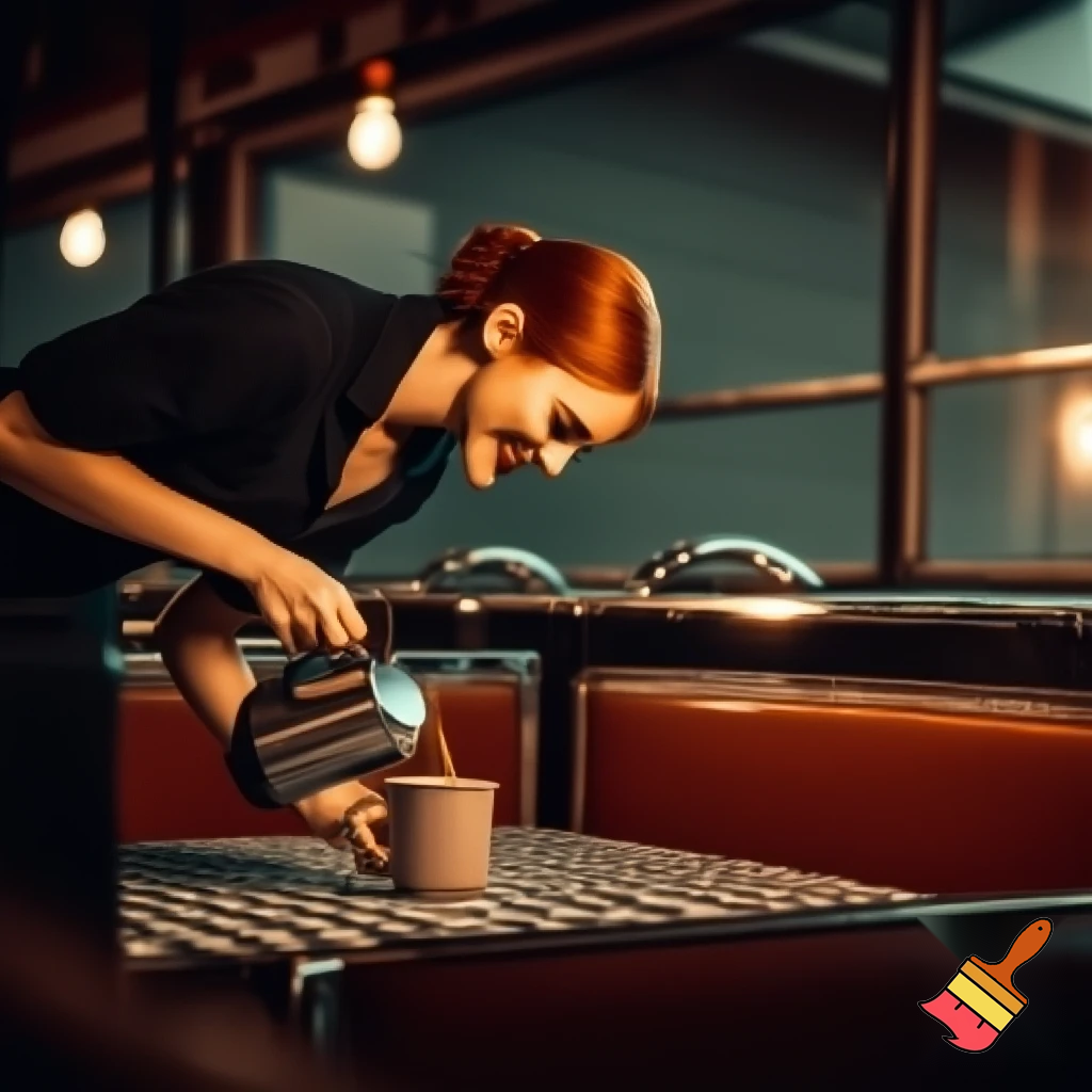 A small roadside diner. A beautiful waitress leans over to pour coffee into a customer's cup at a table. The waitress smiles. Photorealistic. 9x16