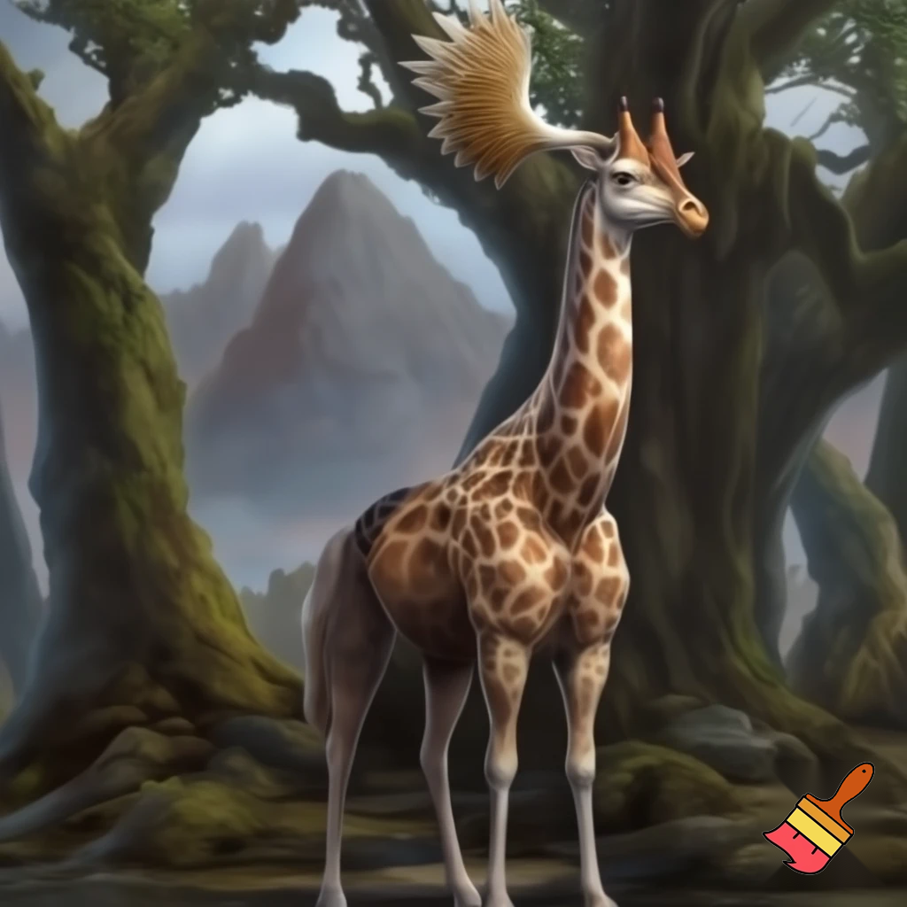 A hybird real life llama + girffe + hawk + moose forset back mountain on