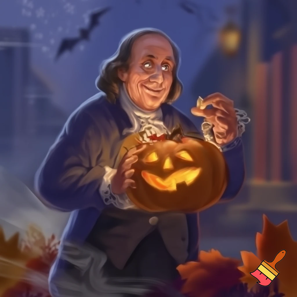 reate a fun image of Benjamin Franklin during Halloween