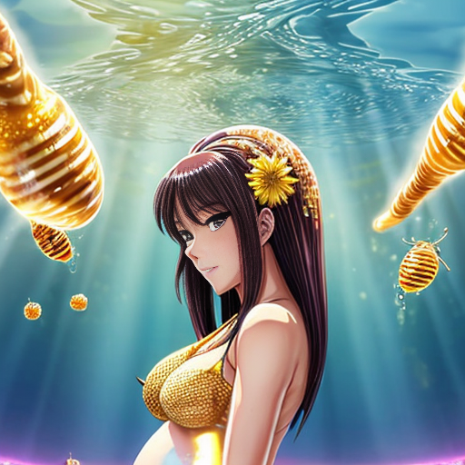 Jennifer Aniston naked topless pregnant swimming in the golden sticky honey background Inside a beehive honey her hair and her skin covered in sticky honey