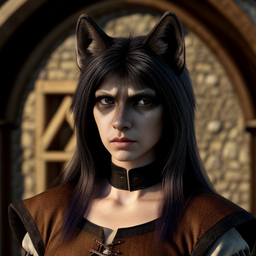 Female black wolf with long pretty black hair and purple eyes, wearing brown medieval clothes 