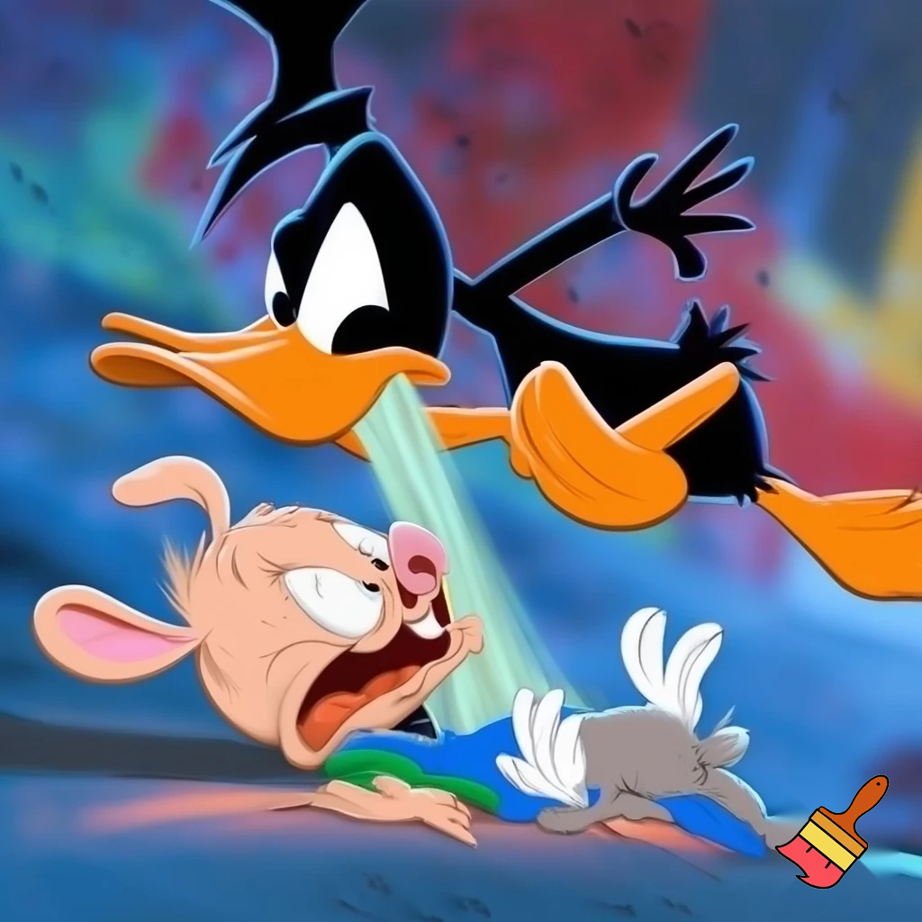 daffy duck farting on porky pig while porky pig is barfing on bugs bunny