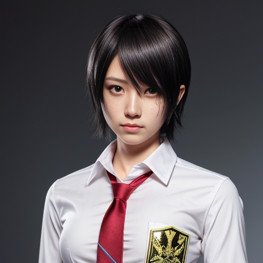 Haruka Sakura from Wind Breaker anime, male character, upper body portrait, serious and silent expression, battle-ready stance with slightly turned shoulders, hair short, straight with slight waves at ends, left side hair white, right side hair black, hair slightly messy and flowing with motion, heterochromia eyes: left eye gold, right eye dark blue, sharp and focused gaze, natural anime skin tone, wearing standard Furin High School uniform with small tears and battle damage details, white shirt slightly rumpled, navy blazer with emblem, red necktie, hands clenched and ready for combat, anime-style gloves on hands, dynamic pose suggesting imminent action, subtle motion lines for movement, simple light-colored background, clean and sharp anime line art, vibrant and saturated anime colors, realistic shadows and highlights on hair and clothing, determined and calm demeanor, slight wind effect making hair and tie move, upper body emphasis showing shoulders and chest area clearly, faithful to original character design, intense and focused aura.