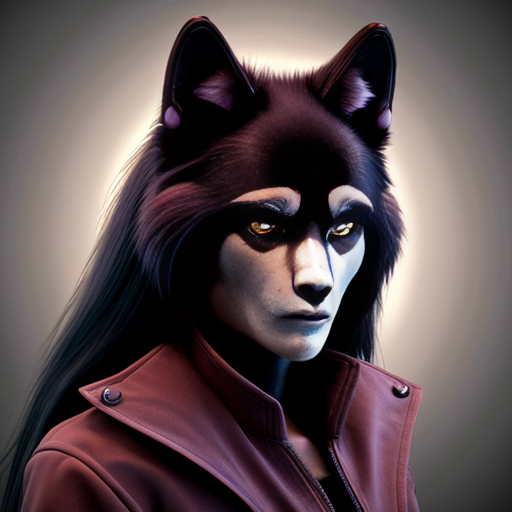 Anthropomorphic humanoid female black wolf with long pretty black hair and purple eyes, wearing a brown jacket 