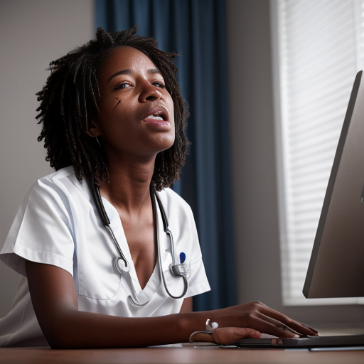 Stile foto realistico. Ragazza africana in camice bianco aperto e gonna bianca corta e stetoscopio al collo seduta con i piedi scalzi su una scrivania e sotto di lei  c'è una donna bianca matura con capelli corti argentei in camice bianco aperto e gonna bianca corta e stetoscopio al collo a piedi scalzi in ginocchio con la testa abbassata che chiede scusa supplichevole piangendo.