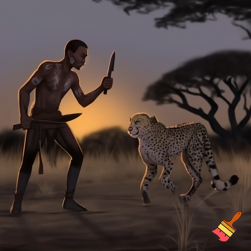 An image of a bush man holding a knife and a gun pointing the gun at a cheetah
