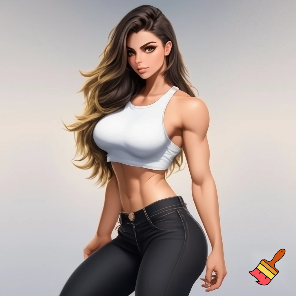 fullbody picture of a 22 year old women with darkblonde long hair, haselnut brown eyes. athletic body, small breasts. white croptop and black jeans
